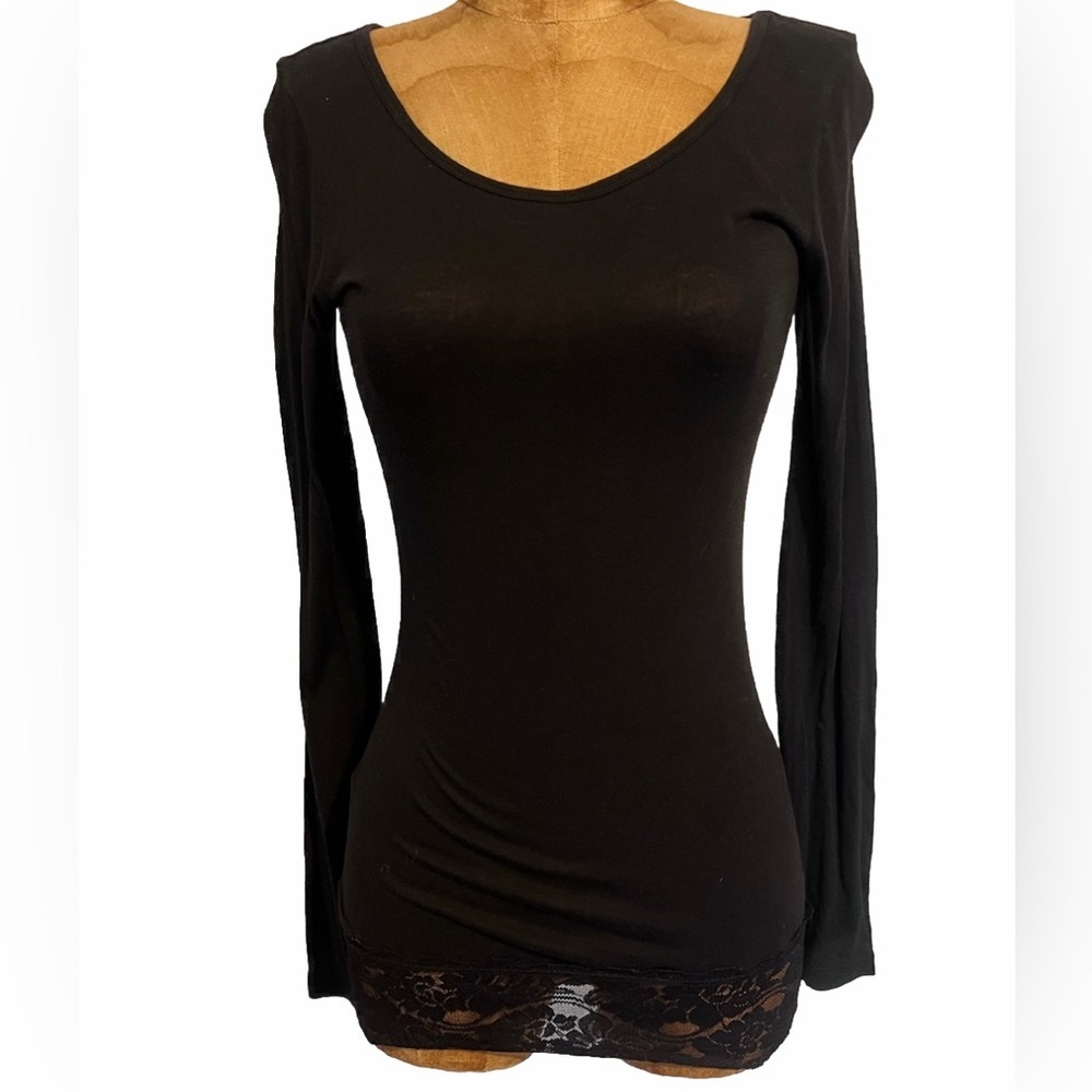 Express Black Fitted Long Sleeve Lace Shirt Y2K EUC
